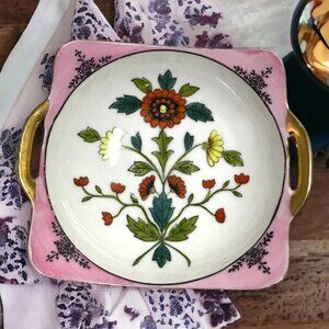 Vtg Noritake Serving Dish Bowl Pink Luster Gold Detail Square Mid-Century Modern